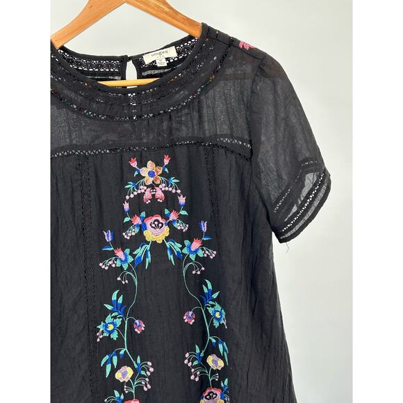 Umgee Black Babydoll Embroidered Cotton Dress with Lace Trim‎ - Women's Medium - Picture 7 of 8